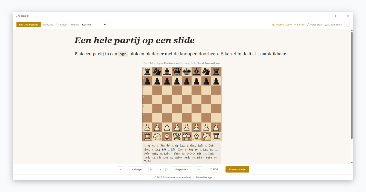 Slide 15 — De Opera-partij van Morphy om door te bladeren