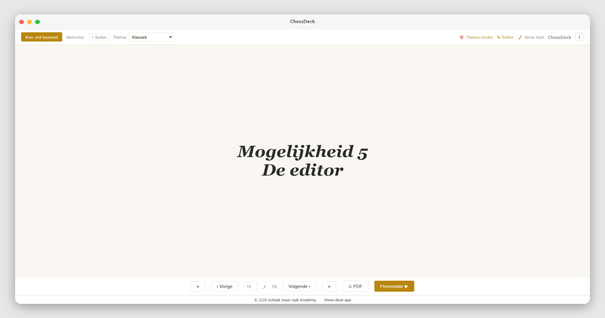 Slide 16 — Hoofdstuk De editor