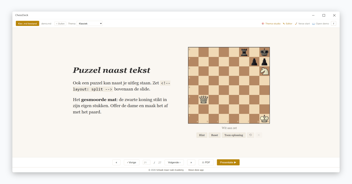Slide 21 — Gesmoord mat als puzzel naast tekst