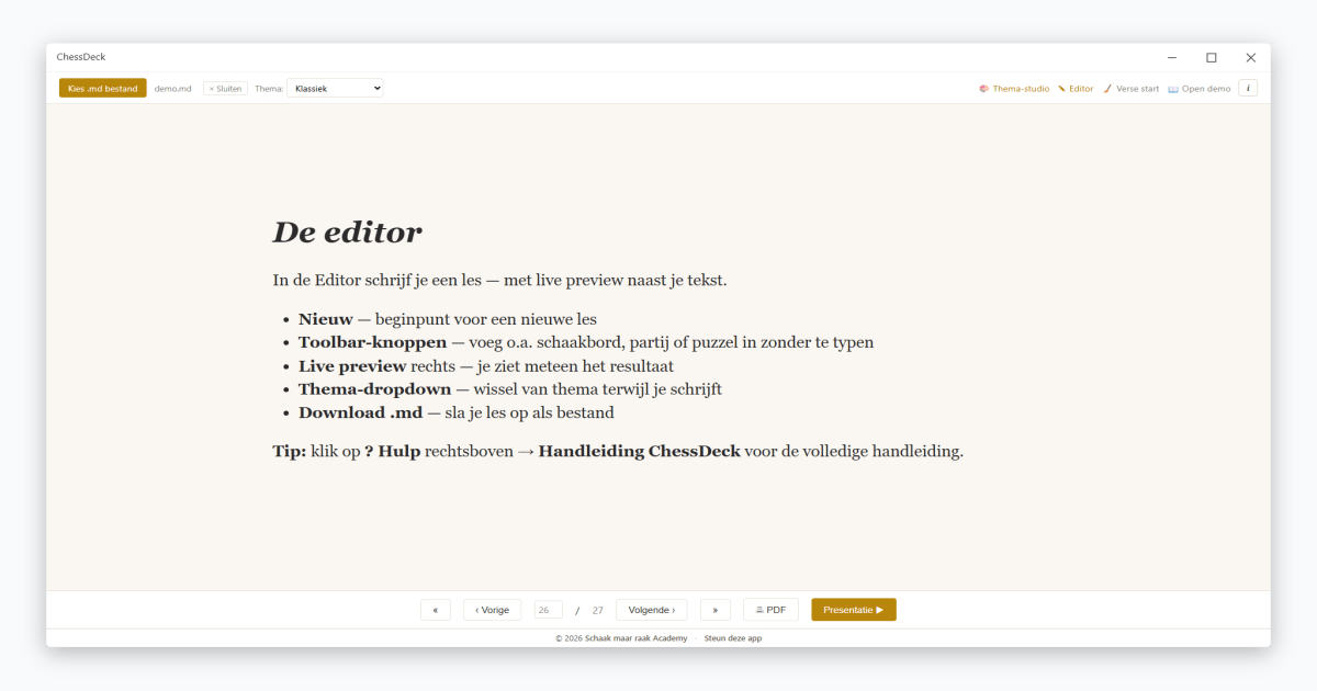 Slide 26 — De editor uitgelegd