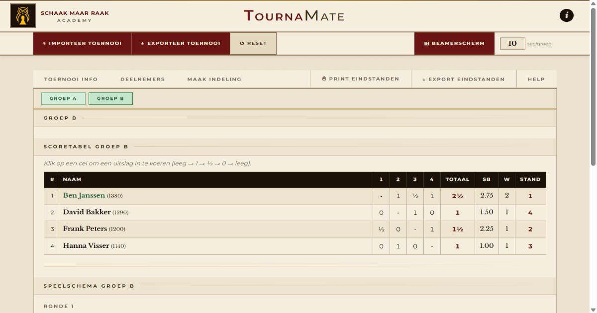 TournaMate — hoofdscherm